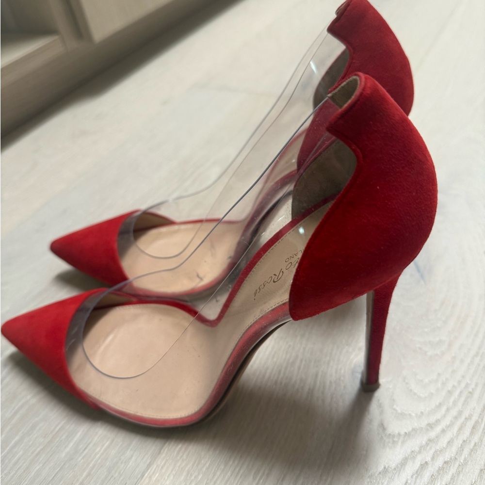 Gianvito Rossi Red Suede Pointed-Toe Clear Panel Stilettos